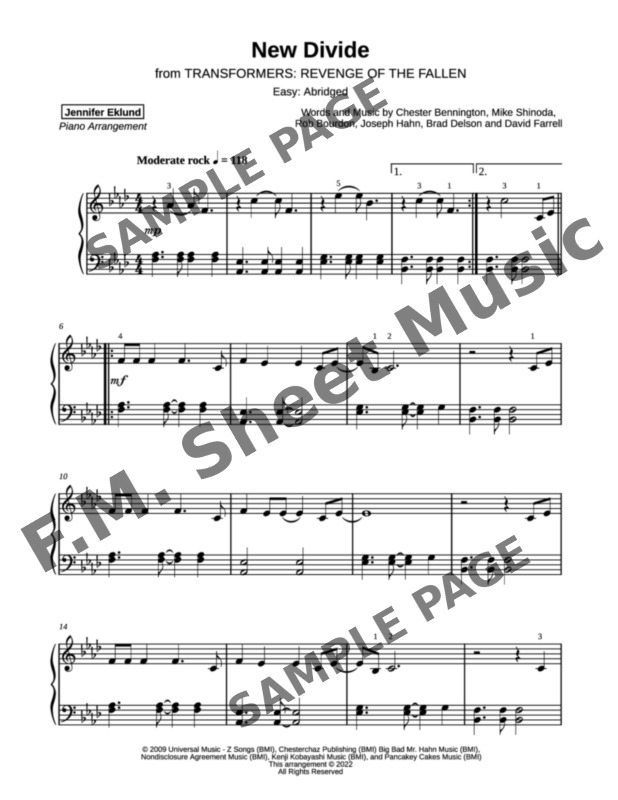 linkin park new divide piano sheet music